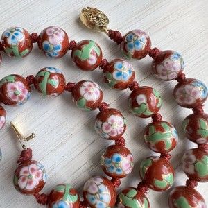 VINTAGE CHINESE CLOISONNÉ  Red Enamel Large Beads Necklace, Silver/Gold Clasp